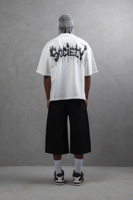 Society Baskılı Beyaz Oversize Tshirt